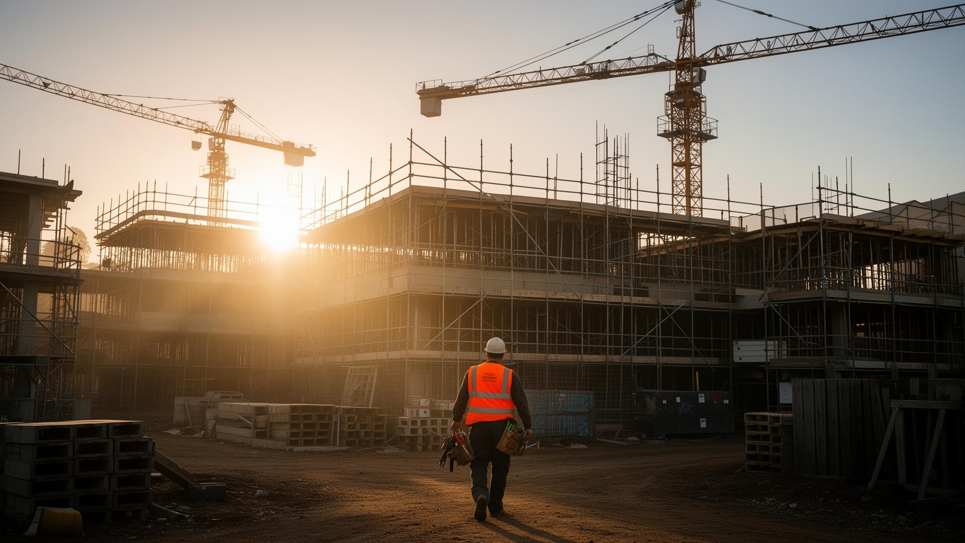 Sydney construction site at dawn with cranes and a labourer walking with tools