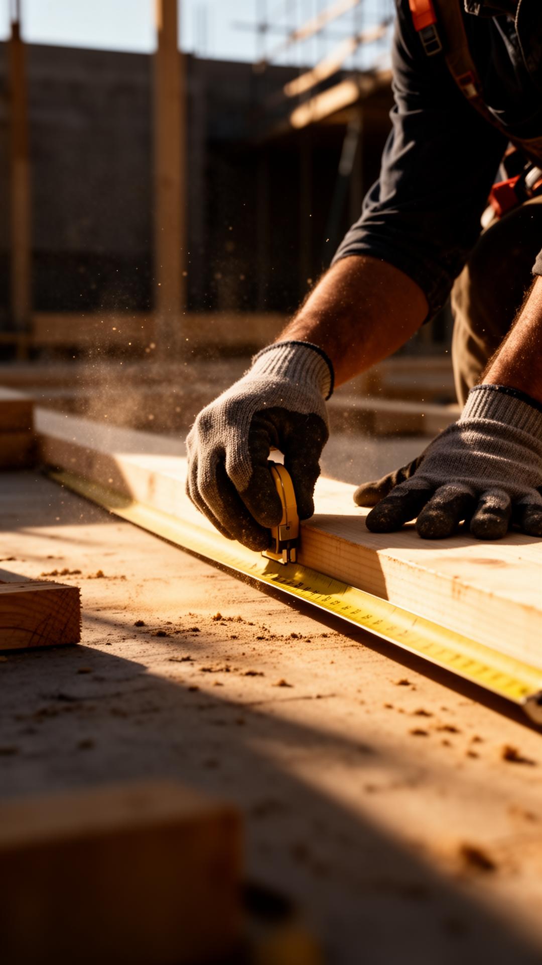 Close-up of a labourer measuring timber with a tape measure